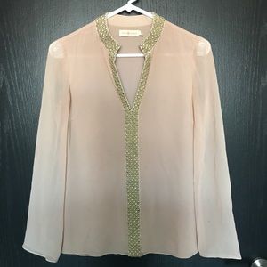 Tory Burch 100% Silk Light Peach Blouse with gold detail Size 0